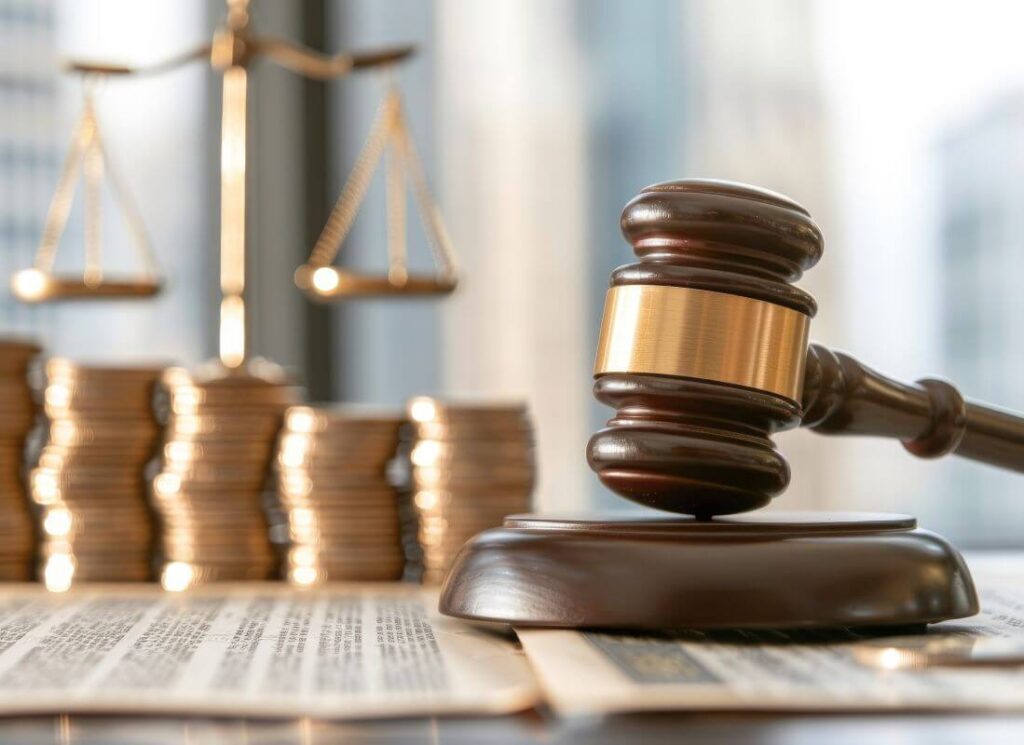 Młotek sędziowski na tle monety symbolizuje prawo handlowe.