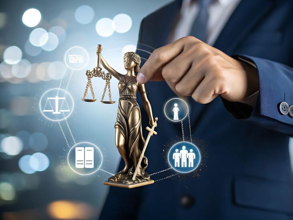 Posąg Temidy symbolizujący obsługę prawną przedsiębiorstw trzymany w dłoni.